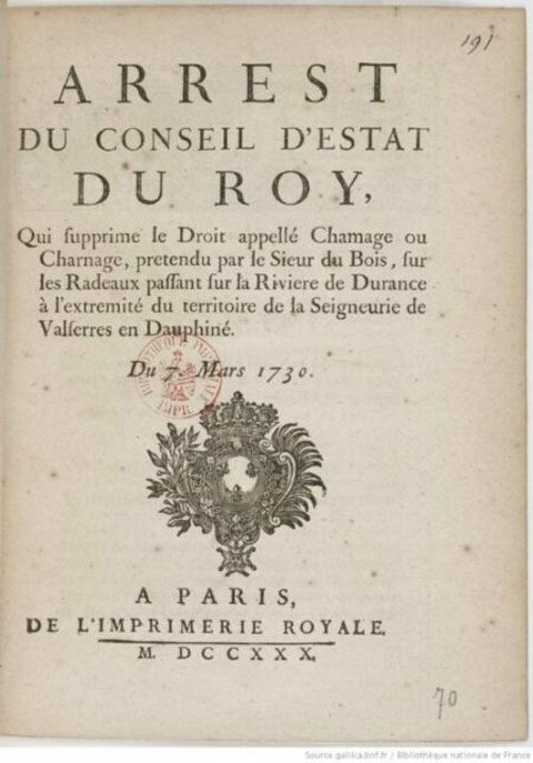 Arrêt du Conseil d'État du 7 mars 1730 qui supprime le droit de chamage sur la Durance